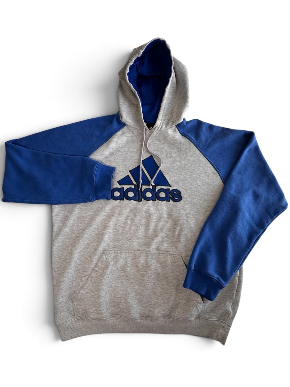 Adidas Mens XL Hoodie Pullover Gray Blue Raglan Sleeve Big Logo Sweater
